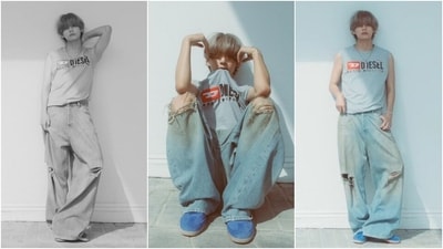 This first set of pictures shows Kim Taehyung dressed in a tank top and distressed baggy denim jeans. Though Taehyung favours a crisp suit set over any other silhouette, he served a fashionable statement in baggy fit clothing in these photos.&nbsp;&nbsp; (Instagram/@bts.bighitofficial)