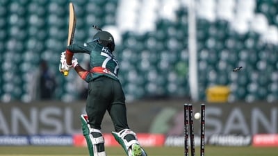 Towhid Hridoy is clean bowled by Haris Rauf during the Asia Cup 2023 match between Pakistan and Bangladesh (AFP) Towhid Hridoy is clean bowled by Haris Rauf during the Asia Cup 2023 match between Pakistan and Bangladesh (AFP)