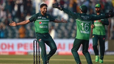 Pakistan's Haris Rauf (L) celebrates with teammate after taking the wicket of Bangladesh's Taskin Ahmed (not pictured) during the Asia Cup 2023 one-day international (ODI) cricket match (AFP) Pakistan's Haris Rauf (L) celebrates with teammate after taking the wicket of Bangladesh's Taskin Ahmed (not pictured) during the Asia Cup 2023 one-day international (ODI) cricket match (AFP)
