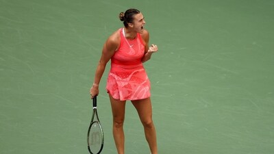 Aryna Sabalenka of Belarus celebrates a point against Qinwen Zheng of China during their Women's Singles Quarterfinal match on Day Ten of the 2023 US Open (Getty Images via AFP) Aryna Sabalenka of Belarus celebrates a point against Qinwen Zheng of China during their Women's Singles Quarterfinal match on Day Ten of the 2023 US Open (Getty Images via AFP)