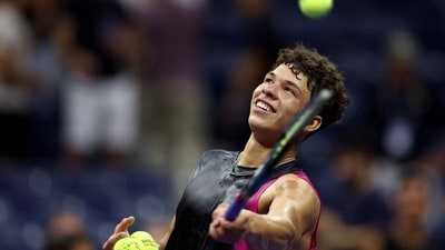 Ben Shelton of the United States celebrates after defeating Frances Tiafoe. (Getty Images via AFP) Ben Shelton of the United States celebrates after defeating Frances Tiafoe. (Getty Images via AFP)