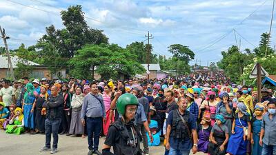 Hundreds of protestors gathered at Phougakchao Ikhai bazar, following a call of the Coordinating Committee on Manipur Integrity (COCOMI). (PTI) Hundreds of protestors gathered at Phougakchao Ikhai bazar, following a call of the Coordinating Committee on Manipur Integrity (COCOMI). (PTI)