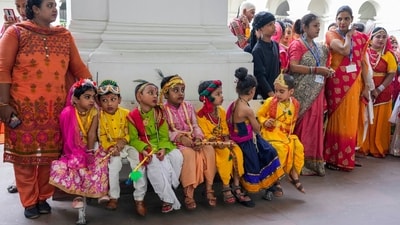Janmashtami is celebrated on a grand scale in Maharashtra, with numerous Dahi Handi competitions featuring earthen pots filled with yogurt conducted as a prominent part of the festivities. (AP) Janmashtami is celebrated on a grand scale in Maharashtra, with numerous Dahi Handi competitions featuring earthen pots filled with yogurt conducted as a prominent part of the festivities. (AP)