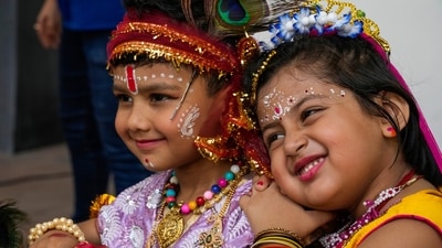 Children disguised as Hindu deities Krishna and Radha pose for photos at a Janmashtami event in Kolkata. (AP) Children disguised as Hindu deities Krishna and Radha pose for photos at a Janmashtami event in Kolkata. (AP)