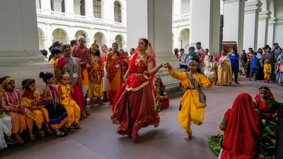 School children perform a drama at an event on the occasion of Janmashtami in Kolkata on Wednesday. (AP) School children perform a drama at an event on the occasion of Janmashtami in Kolkata on Wednesday. (AP)