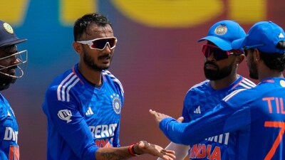 India's Axar Patel, second from left, during the T20 series against West Indies (AP) India's Axar Patel, second from left, during the T20 series against West Indies (AP)