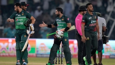 Mohammad Rizwan and Agha Salman shake hands with Bangladeshi players after winning the match (AP) Mohammad Rizwan and Agha Salman shake hands with Bangladeshi players after winning the match (AP)