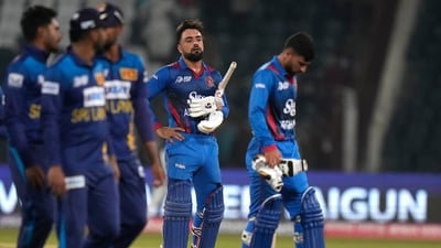Afghanistan's Rashid Khan, second right, reacts after losing to Sri Lanka in Asia Cup 2023 group game (AP) Afghanistan's Rashid Khan, second right, reacts after losing to Sri Lanka in Asia Cup 2023 group game (AP)