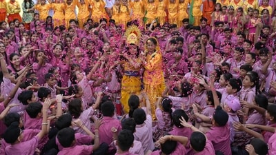 The Hindu community worldwide celebrates the festival of Janmashtami to commemorate the birth of Lord Krishna. According to the Hindu calendar, Lord Krishna, recognized as an avatar of Lord Vishnu, was born on the eighth day of the month of Bhadra. Typically, this day falls in either August or September, following the Western calendar. Here's a glimpse of how devotees around the world are joyously celebrating this grand festival. (AFP) The Hindu community worldwide celebrates the festival of Janmashtami to commemorate the birth of Lord Krishna. According to the Hindu calendar, Lord Krishna, recognized as an avatar of Lord Vishnu, was born on the eighth day of the month of Bhadra. Typically, this day falls in either August or September, following the Western calendar. Here's a glimpse of how devotees around the world are joyously celebrating this grand festival. (AFP)