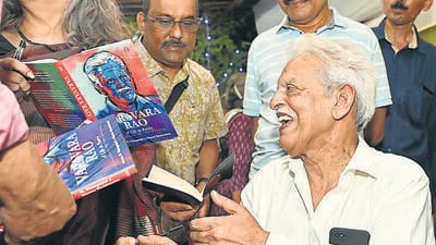 Telugu poet Varavara Rao, and writer and civil rights activist Anand Teltumbde at the launch of Rao’s book in the city last weekend. (Anshuman Poyrekar/ HT Photo) Telugu poet Varavara Rao, and writer and civil rights activist Anand Teltumbde at the launch of Rao’s book in the city last weekend. (Anshuman Poyrekar/ HT Photo)