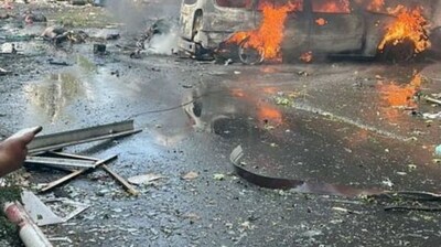 View of a vehicle on fire following an attack on the city of Kostiantynivka in eastern Ukraine. (Reuters)