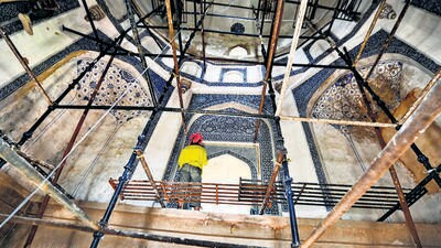 Work at the tomb of Muhammad Quli Khan was recently done, including repairing a fresco on the ceiling. (Raj K Raj/HT Photo) Work at the tomb of Muhammad Quli Khan was recently done, including repairing a fresco on the ceiling. (Raj K Raj/HT Photo)
