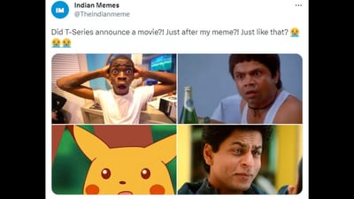 The image shows the reaction of the original poster to T-Series making a movie on their post. (X/@Theindianmeme) The image shows the reaction of the original poster to T-Series making a movie on their post. (X/@Theindianmeme)