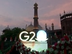New Delhi, Sept 7 (ANI): The G20 logo illuminates as the main gate of the Jama Masjid is decorated by the Bazar Matia Mahal Shopkeeper Association on the eve of the start of the G20 Summit, in New Delhi on Thursday. (ANI Photo)