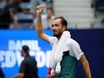 Daniil Medvedev celebrates after winning his quarter final match against Andrey Rublev.