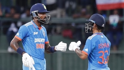 India's Ishan Kishan and Hardik Pandya, left, encourage each other during the Asia Cup cricket match between India and Pakistan at Pallekele (AP) India's Ishan Kishan and Hardik Pandya, left, encourage each other during the Asia Cup cricket match between India and Pakistan at Pallekele (AP)