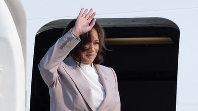 U.S. Vice President Kamala Harris gestures as she boards Air Force Two after attending the 43rd ASEAN Summit at the Soekarno-Hatta International Airport in Tangerang, Indonesia on September 7, 2023.  Yasuyoshi Chiba/Pool via REUTERS (via REUTERS)