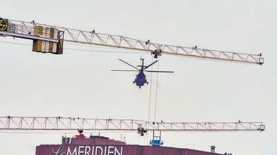 An IAF helicopter attempts to land atop Le Meridien during a security drill in New Delhi. (PTI) An IAF helicopter attempts to land atop Le Meridien during a security drill in New Delhi. (PTI)
