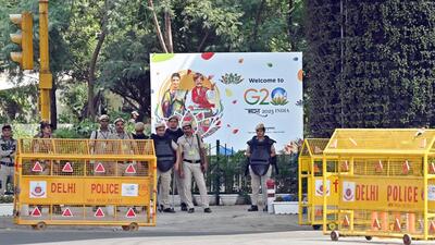 Delhi Police personnel stand guard near Pragati Maidan ahead of G20 Summit in New Delhi on Thursday. (Sanjeev Verma/HT PHOTO) Delhi Police personnel stand guard near Pragati Maidan ahead of G20 Summit in New Delhi on Thursday. (Sanjeev Verma/HT PHOTO)