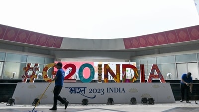 A worker cleans in front of a G20 logo inside the international media centre at the G20 venue days ahead of its commencement in New Delhi on September 7. (AFP) A worker cleans in front of a G20 logo inside the international media centre at the G20 venue days ahead of its commencement in New Delhi on September 7. (AFP)