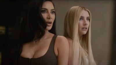 American Horror Story Delicate trailer: Kim Kardashian with Emma Roberts in a still from the trailer. American Horror Story Delicate trailer: Kim Kardashian with Emma Roberts in a still from the trailer.