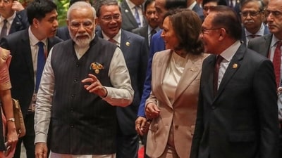 PM Narendra Modi, China’s Premier Li Qiang, Indonesia’s President Joko Widodo, US Vice President Kamala Harris and Malaysia’s Prime Minister Anwar Ibrahim arrive for the East Asia Summit in Jakarta, Indonesia (via REUTERS) PM Narendra Modi, China’s Premier Li Qiang, Indonesia’s President Joko Widodo, US Vice President Kamala Harris and Malaysia’s Prime Minister Anwar Ibrahim arrive for the East Asia Summit in Jakarta, Indonesia (via REUTERS)