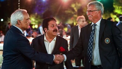 BCCI President Roger Binny and Vice President Rajeev Shukla during Pakistan Cricket Board (PCB) Gala dinner at Governor's House, in Lahore, Pakistan (PTI)