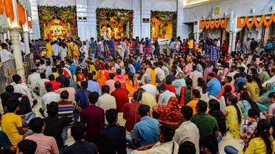 On Thursday, during Janmashtami celebrations in Patna, devotees gathered at the ISKCON temple. (PTI) On Thursday, during Janmashtami celebrations in Patna, devotees gathered at the ISKCON temple. (PTI)