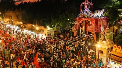On the festival of Sri Krishna Janmashtami, devotees thronged the Sri Krishna Janamsthan temple in Mathura on Thursday. (PTI) On the festival of Sri Krishna Janmashtami, devotees thronged the Sri Krishna Janamsthan temple in Mathura on Thursday. (PTI)