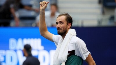 Daniil Medvedev celebrates after winning his quarter final match against Andrey Rublev. (REUTERS)