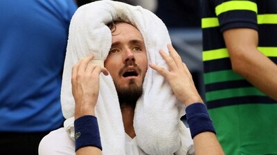 Daniil Medvedev cools off during his US Open quarter-final match against Andrey Rublev. (REUTERS)