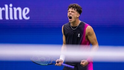 Ben Shelton reacts during the US Open tennis tournament men's singles quarter-finals match against Frances Tiafoe at the USTA Billie Jean King National Tennis Center in New York City. (AFP) Ben Shelton reacts during the US Open tennis tournament men's singles quarter-finals match against Frances Tiafoe at the USTA Billie Jean King National Tennis Center in New York City. (AFP)