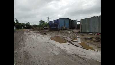 The 100-metre road connecting the SNBP School and Star Gate Society is in shambles. (HT PHOTO)