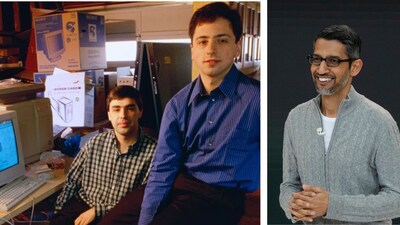 Larry Page and Sergey Brin, founders of Google (L), Sundar Pichai Google CEO. Larry Page and Sergey Brin, founders of Google (L), Sundar Pichai Google CEO.