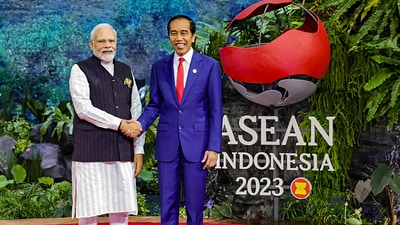Prime Minister Narendra Modi being greeted by Indonesian President Joko Widodo upon his arrival to attend the ASEAN Summit, in Jakarta. With India and ASEAN observing the 30th anniversary of their partnership in 2022, the Indian side has focused on increasing connectivity in the physical, digital and economic domains. (PTI)
