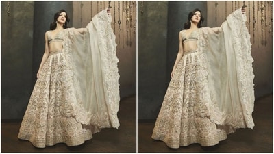 Her lehenga, from the Sheeh Mahal collection, is made of raw silk and intricately embroidered with miniature lotus flowers. Subtle contrasts and tonal thread embroidery are accentuated with glass crystals and beads. (Instagram/@shyamalbhumika) Her lehenga, from the Sheeh Mahal collection, is made of raw silk and intricately embroidered with miniature lotus flowers. Subtle contrasts and tonal thread embroidery are accentuated with glass crystals and beads. (Instagram/@shyamalbhumika)