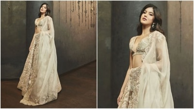 Her attire consisted of a bralette style blouse featuring a deep V neckline, a long flared skirt decorated with exquisite embroidery work and a matching net duppata with heavy borders. (Instagram/@shyamalbhumika) Her attire consisted of a bralette style blouse featuring a deep V neckline, a long flared skirt decorated with exquisite embroidery work and a matching net duppata with heavy borders. (Instagram/@shyamalbhumika)