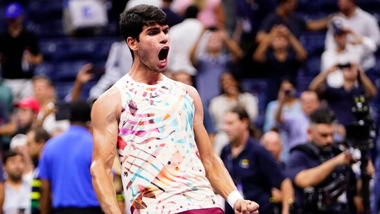 Carlos Alcaraz, of Spain, reacts after defeating Alexander Zverev, of Germany, during the quarterfinals of the U.S. Open tennis championships (AP)