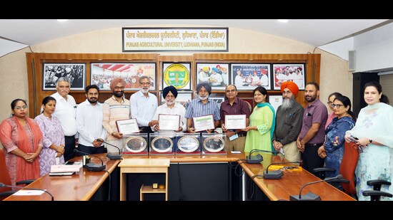PAU officials showing the ICAR awards in Ludhiana. (HT FILE)