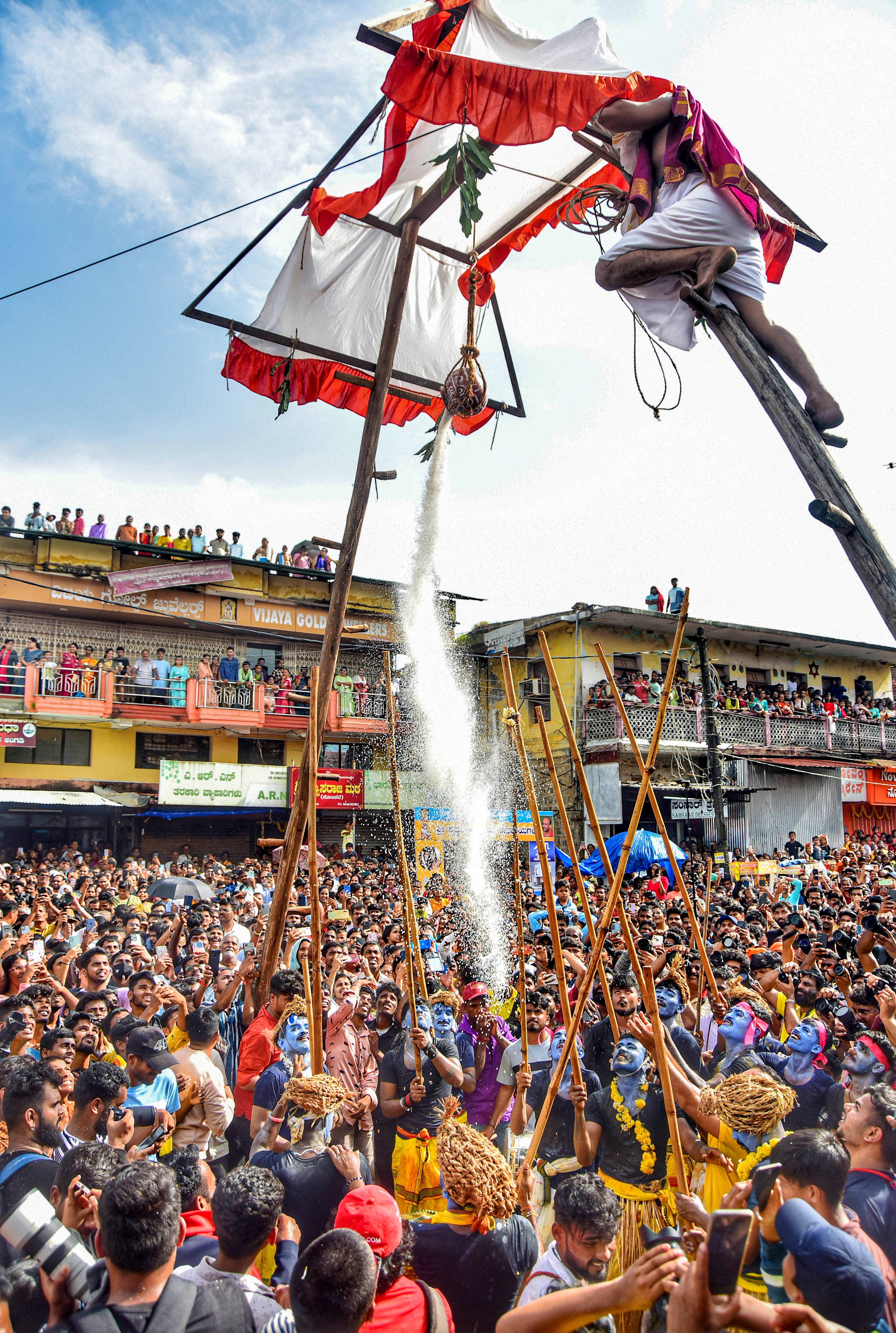 Devotees during 'Dahi Handi' celebrations on the occasion of Janmashtami, in Udupi, (PTI photo) Devotees during 'Dahi Handi' celebrations on the occasion of Janmashtami, in Udupi, (PTI photo)