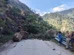 A massive landslide blocking National Highway-5 at Negulsari in Kinnaur district on Friday. Negulsari is among the 15 landslide-prone sites in the tribal district of Kinnaur. (HT Photo)