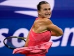Aryna Sabalenka, of Belarus, returns a shot to Madison Keys, of the United States, during the women's singles semifinals of the U.S. Open