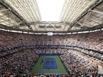 General view of the roof partly closed during a Men's Singles Quarterfinal match between Novak Djokovic and Taylor Fritz
