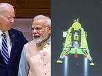 Prime Minister Narendra Modi with US President Joe Biden. (Right) The Chandrayaan 3 made a successful soft landing on the moon's south pole on August 23. 
