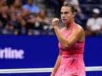 Aryna Sabalenka, of Belarus, reacts during a match against Madison Keys, of the United States, during the women's singles semifinals of the U.S. Open tennis championships