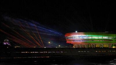 Bharat Mandapam illuminated with colourful lights on the eve of the G20 Summit at Pragati Maidan, in New Delhi, Friday. (PTI) Bharat Mandapam illuminated with colourful lights on the eve of the G20 Summit at Pragati Maidan, in New Delhi, Friday. (PTI)