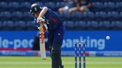 England's Harry Brook plays a shot during the first One Day International cricket match between England and New Zealand at Sophia Gardens in Cardiff (AFP)