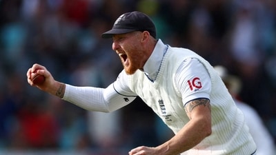 England's Ben Stokes celebrates after taking a catch to dismiss Australia's Pat Cummins in Ashes 2023 (Action Images via Reuters)