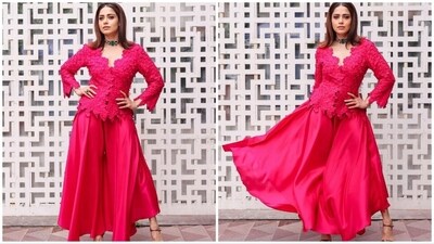 Nushrratt Bharuccha donned a stunning pink jacket set designed by Mrunalini Rao. Her look is the perfect blend of elegance and style, showcasing Nushrratt Bharuccha's fashion sense and sophistication. (Instagram/@nushrrattbharuccha) Nushrratt Bharuccha donned a stunning pink jacket set designed by Mrunalini Rao. Her look is the perfect blend of elegance and style, showcasing Nushrratt Bharuccha's fashion sense and sophistication. (Instagram/@nushrrattbharuccha)