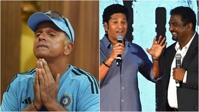 Rahul Dravid (L) during a press conference in Bengaluru; Sachin Tendulkar with Muttiah Muralitharan during the trailer launch event of the movie '800' (PTI) Rahul Dravid (L) during a press conference in Bengaluru; Sachin Tendulkar with Muttiah Muralitharan during the trailer launch event of the movie '800' (PTI)
